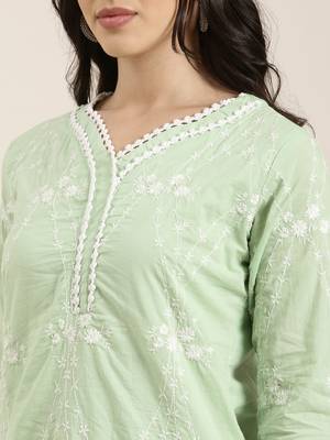women's v-neck floral green straight kurta and trouser with dupatta 5