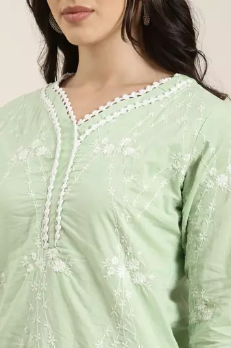 women's v-neck floral green straight kurta and trouser with dupatta
