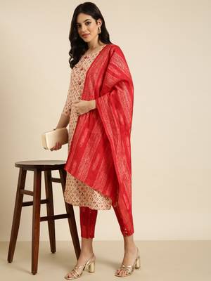 women's round neck floral foil print beige straight kurta and trouser with dupatta 1
