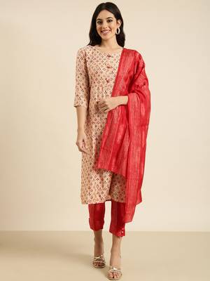 women's round neck floral foil print beige straight kurta and trouser with dupatta 2