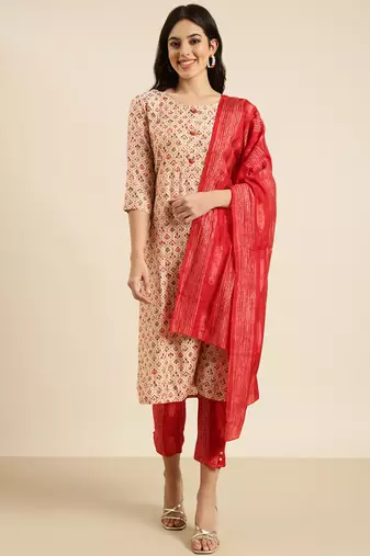 women's round neck floral foil print beige straight kurta and trouser with dupatta