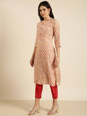 women's round neck floral foil print beige straight kurta and trouser with dupatta 3