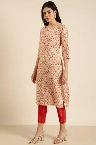 women's round neck floral foil print beige straight kurta and trouser with dupatta