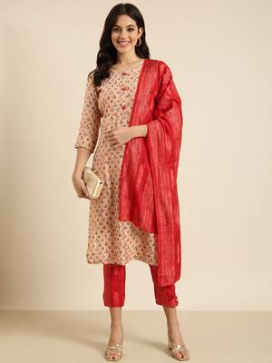 women's round neck floral foil print beige straight kurta and trouser with dupatta 4