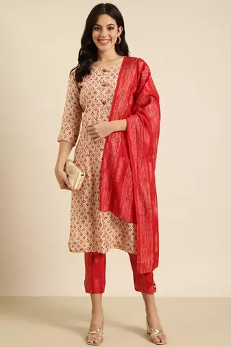 women's round neck floral foil print beige straight kurta and trouser with dupatta