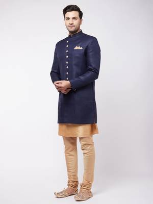 Navy Blue And Rose Gold Silk Blend Sherwani Set 2