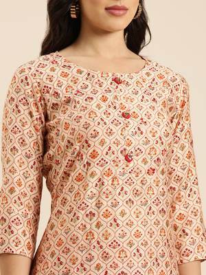 women's round neck floral foil print beige straight kurta and trouser with dupatta 5