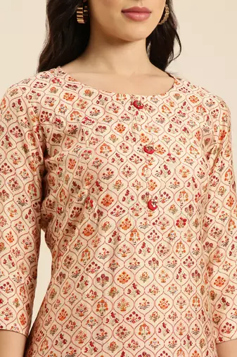 women's round neck floral foil print beige straight kurta and trouser with dupatta