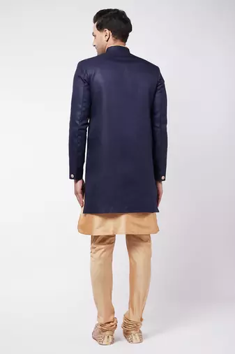 Navy Blue And Rose Gold Silk Blend Sherwani Set