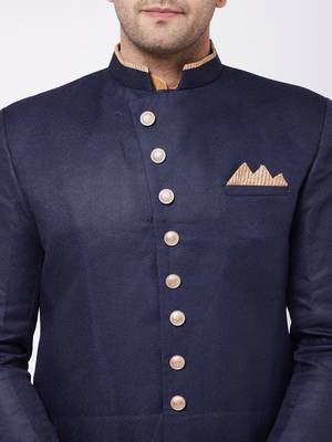 Navy Blue And Rose Gold Silk Blend Sherwani Set 4