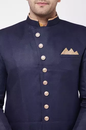 Navy Blue And Rose Gold Silk Blend Sherwani Set