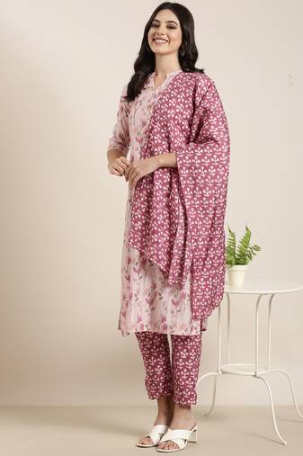 women's mandarin collar floral foil print pink straight kurta and trouser with dupatta