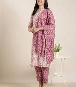women's mandarin collar floral foil print pink straight kurta and trouser with dupatta