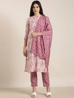 women's mandarin collar floral foil print pink straight kurta and trouser with dupatta 2