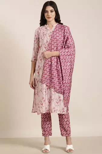 women's mandarin collar floral foil print pink straight kurta and trouser with dupatta