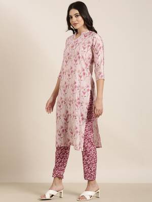 women's mandarin collar floral foil print pink straight kurta and trouser with dupatta 3
