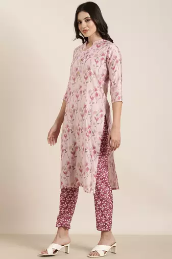 women's mandarin collar floral foil print pink straight kurta and trouser with dupatta