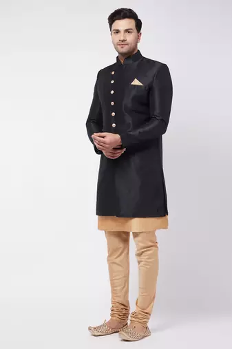 Black And Rose Gold Silk Blend Sherwani Set