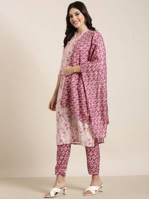 women's mandarin collar floral foil print pink straight kurta and trouser with dupatta 4
