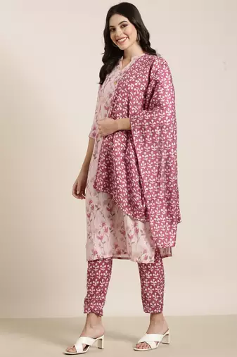 women's mandarin collar floral foil print pink straight kurta and trouser with dupatta