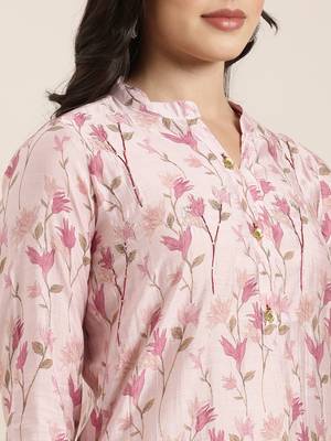 women's mandarin collar floral foil print pink straight kurta and trouser with dupatta 5