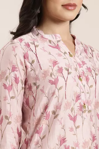 women's mandarin collar floral foil print pink straight kurta and trouser with dupatta