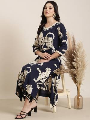women's v-neck ethnic motifs navy blue straight kurta and trouser 1