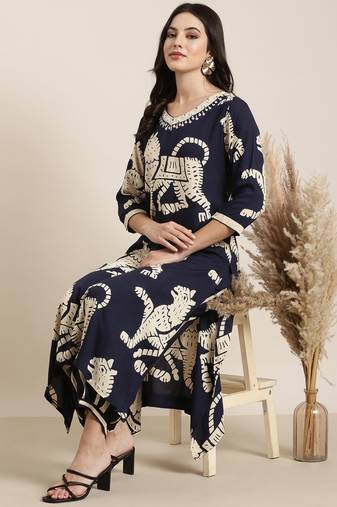 women's v-neck ethnic motifs navy blue straight kurta and trouser