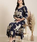 women's v-neck ethnic motifs navy blue straight kurta and trouser