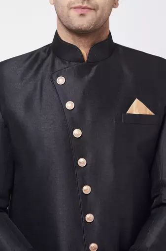 Black And Rose Gold Silk Blend Sherwani Set