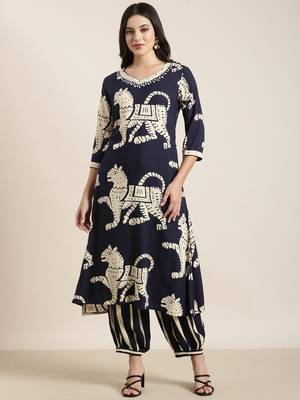 women's v-neck ethnic motifs navy blue straight kurta and trouser 2