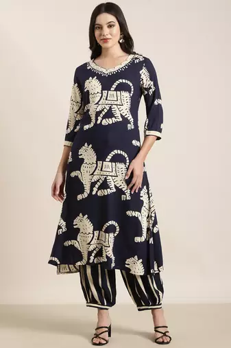 women's v-neck ethnic motifs navy blue straight kurta and trouser