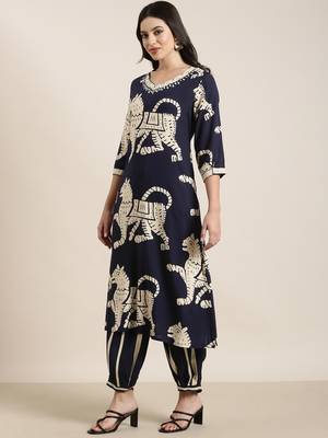 women's v-neck ethnic motifs navy blue straight kurta and trouser 3