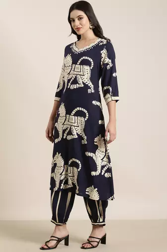 women's v-neck ethnic motifs navy blue straight kurta and trouser