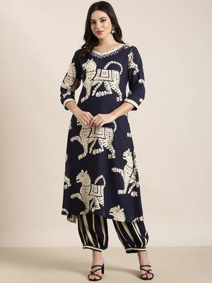 women's v-neck ethnic motifs navy blue straight kurta and trouser 4
