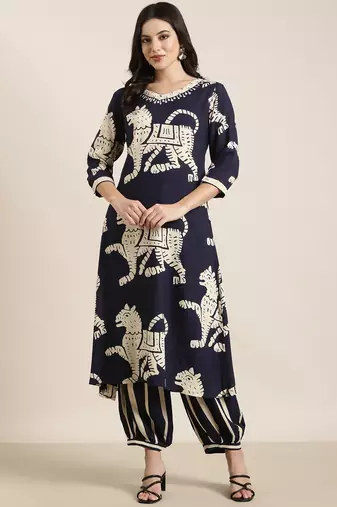 women's v-neck ethnic motifs navy blue straight kurta and trouser