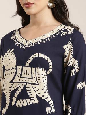 women's v-neck ethnic motifs navy blue straight kurta and trouser 5