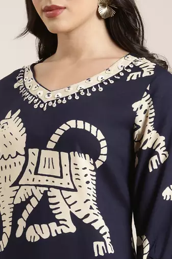 women's v-neck ethnic motifs navy blue straight kurta and trouser