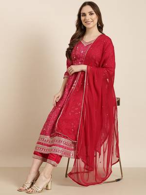 women's v-neck floral screen print pink a-line kurta and trouser with dupatta 1