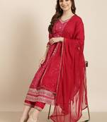 women's v-neck floral screen print pink a-line kurta and trouser with dupatta