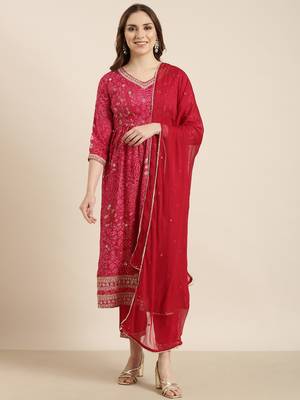 women's v-neck floral screen print pink a-line kurta and trouser with dupatta 2