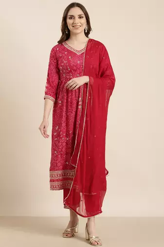 women's v-neck floral screen print pink a-line kurta and trouser with dupatta