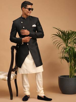 Men'S Cream And Black Viscose Ethnic Combo Set 1