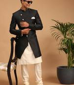 Men'S Cream And Black Viscose Ethnic Combo Set