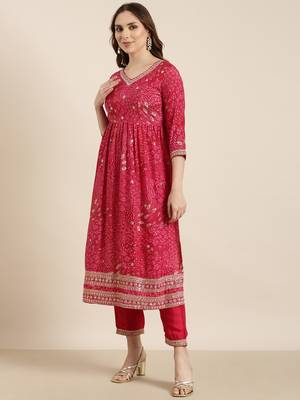 women's v-neck floral screen print pink a-line kurta and trouser with dupatta 3