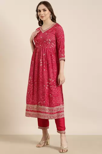 women's v-neck floral screen print pink a-line kurta and trouser with dupatta