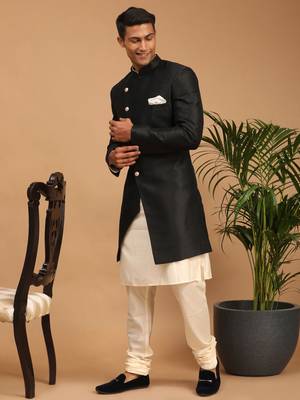 Men'S Cream And Black Viscose Ethnic Combo Set 2