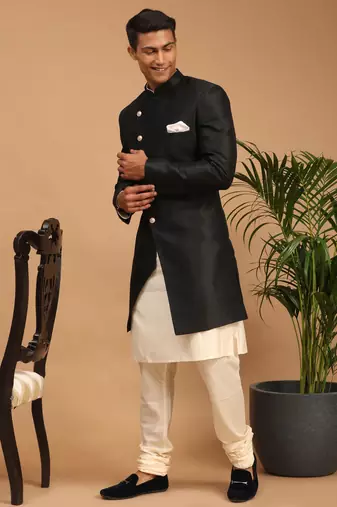 Men'S Cream And Black Viscose Ethnic Combo Set