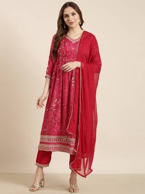 women's v-neck floral screen print pink a-line kurta and trouser with dupatta 4