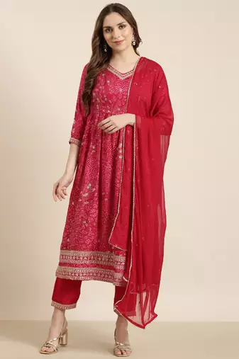 women's v-neck floral screen print pink a-line kurta and trouser with dupatta